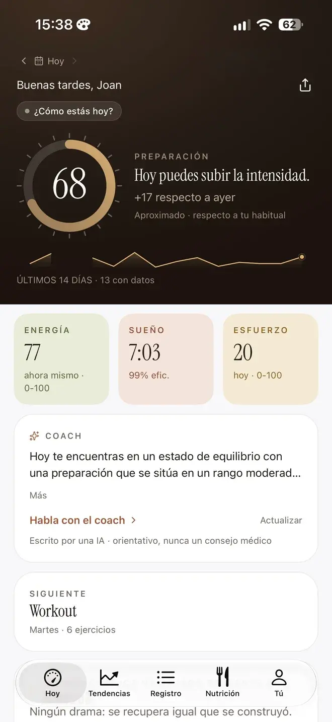 Strato's Today screen: Readiness 68, Energy, Sleep and Exertion, and the Coach briefing